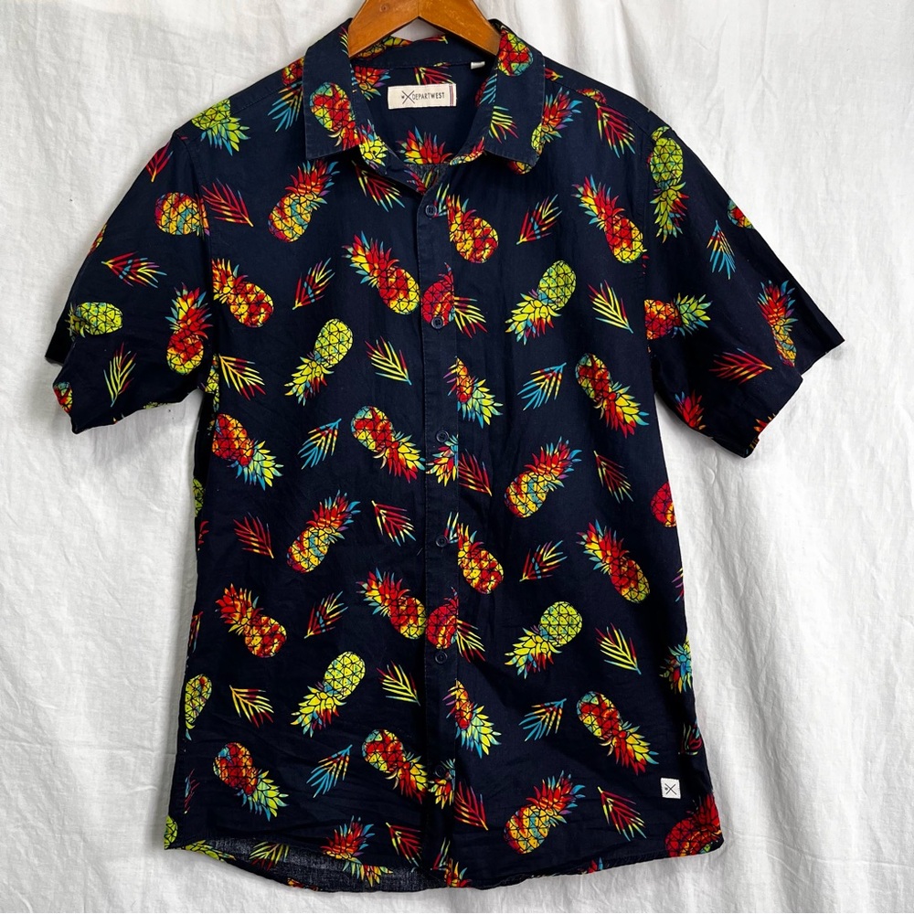 DepartWest Mens Medium Pineapple Hawaiian Shirt Blue Cotton Rainbow Swinger Camp